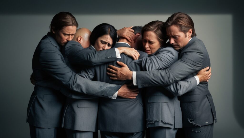 Group Hug Between Depressed Patients Wearing Business Suits