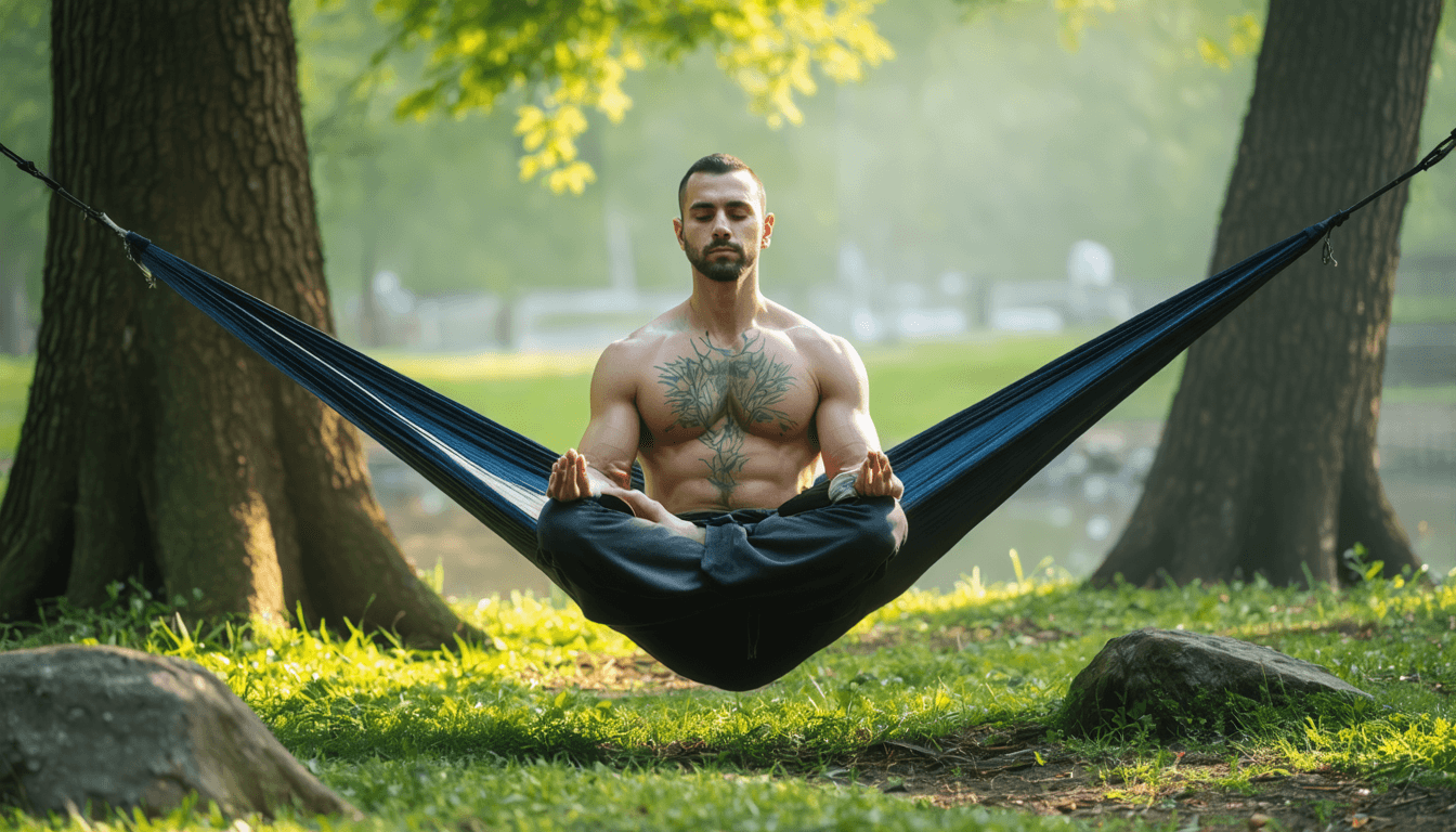 Man Using Zen Techniques Meditating on a Hammock