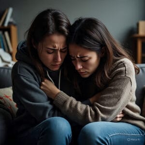 Two Depressed Women Hugging Each Other