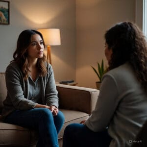 Woman on a Couch Talking to a Mental Health Counselor.