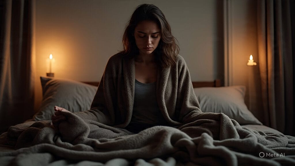 Sad Woman Meditating in Her Bedroom